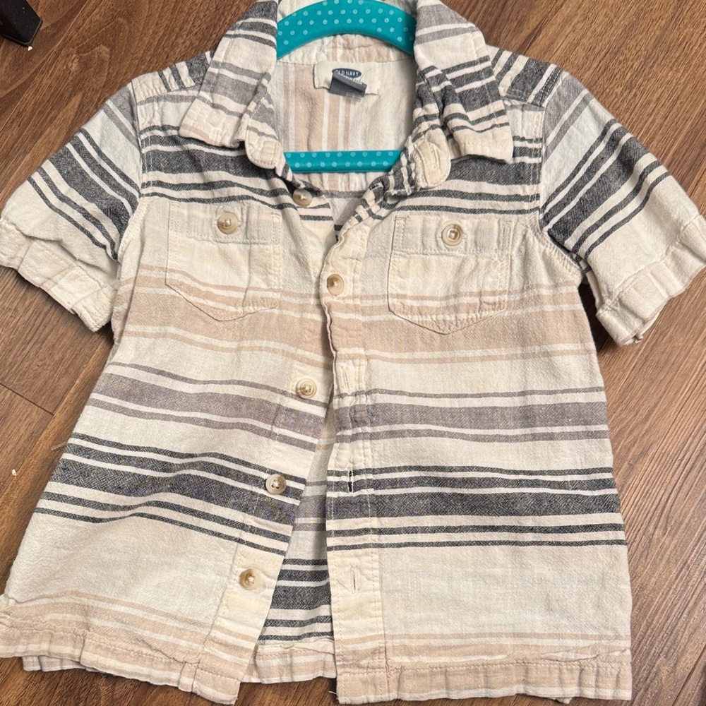 Old Navy 3T boys Striped Cotton & Linen Shirt - Cream and Gray